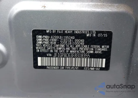 2015 Subaru Impreza 2.0I Premium из США, поврежденный, VIN JF1GPAC63F8318355